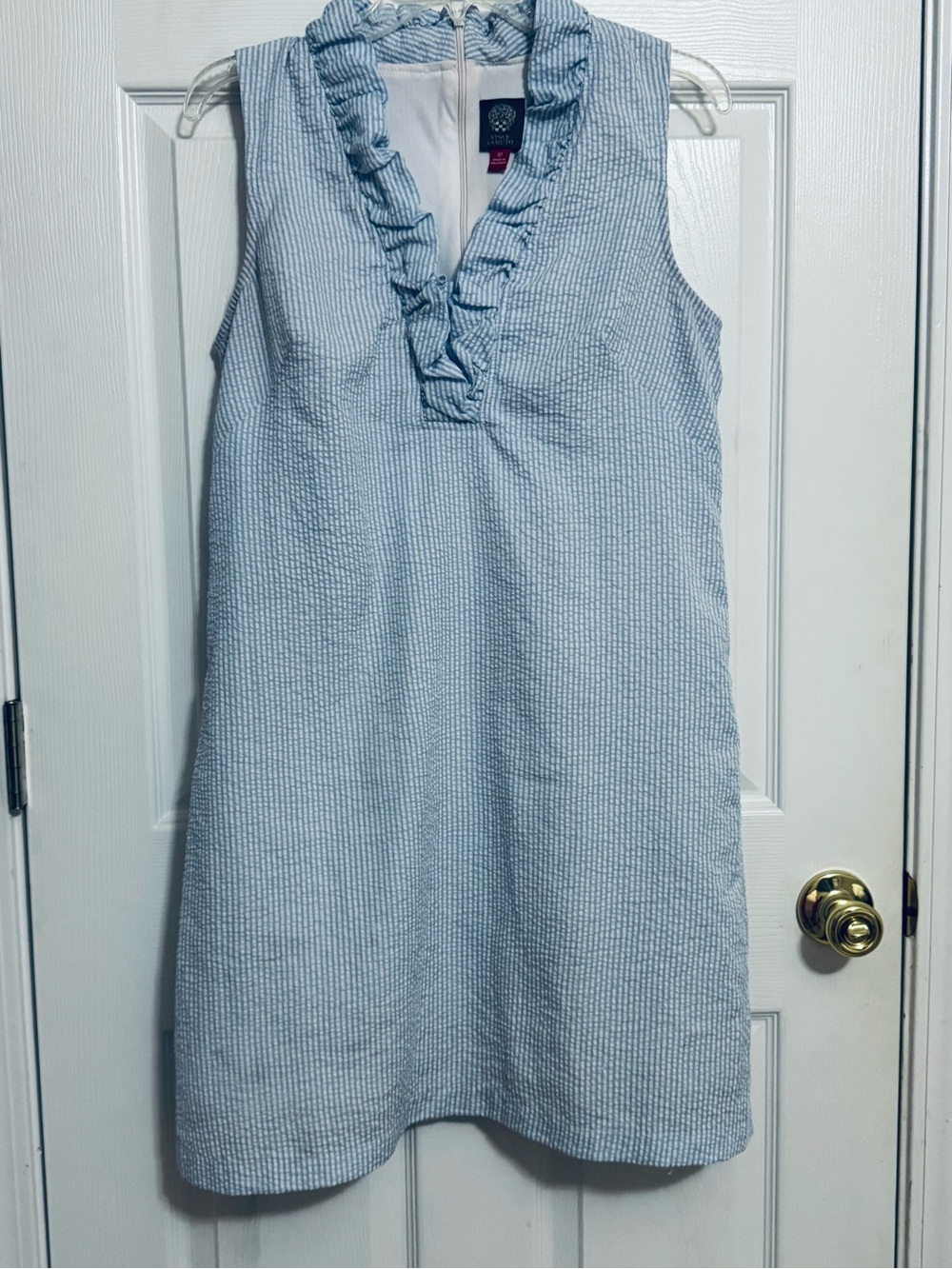 Vince Camuto Girls' Light Blue Seersucker Ruffle V-Neck Casual Dress
